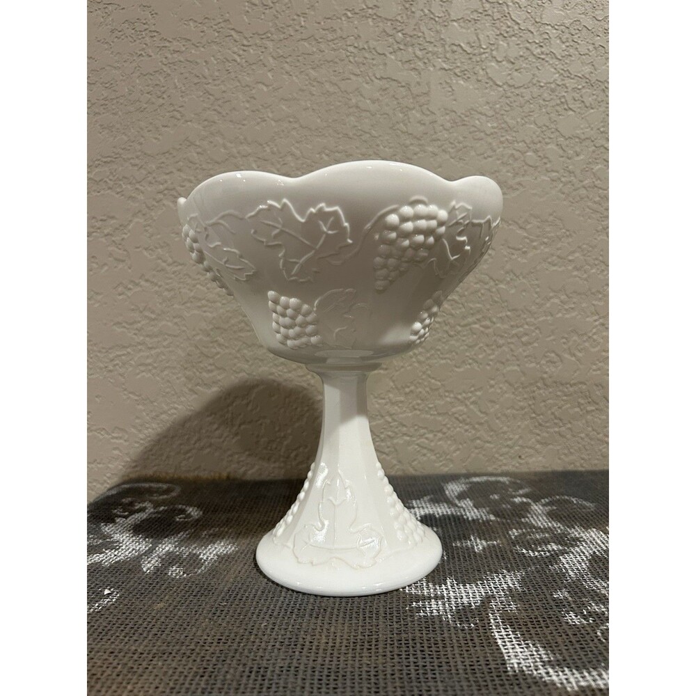 Vintage Indiana Harvest Grape Milk Glass Pedestal Candy Dish 8” Tall 6.75” Wide